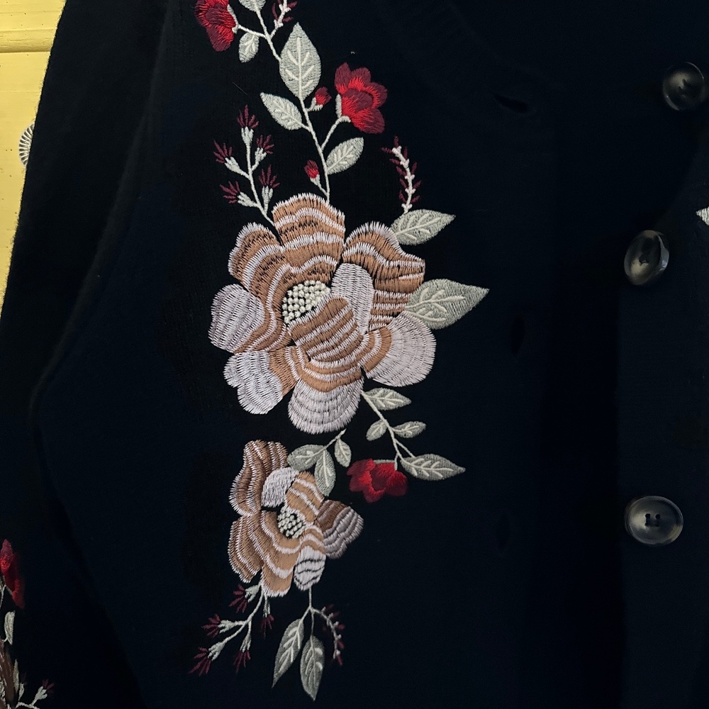 FARM Rio Black Flowers Embroidered Buttoned Knit Cardigan - Picture 10 of 13